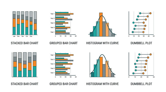 Vector Charts Icon Sheet Featuring Stacked Bar, Grouped Bar, Histogram, and Dumbbell Plots
