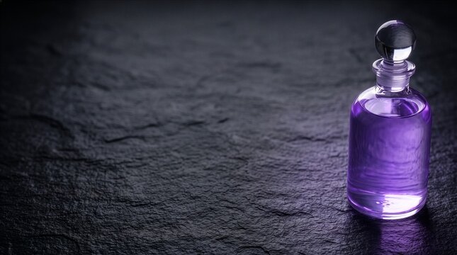 A single glass bottle containing purple liquid standing on a dark textured surface with dramatic lighting
