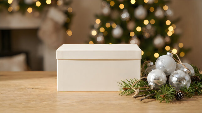 White gift box on wooden table with holiday decorations and blurred christmas tree