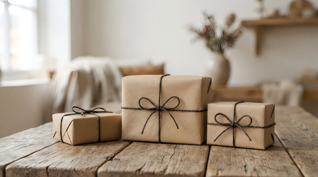 Three rustic gift boxes wrapped in brown paper with black string bows on wooden table