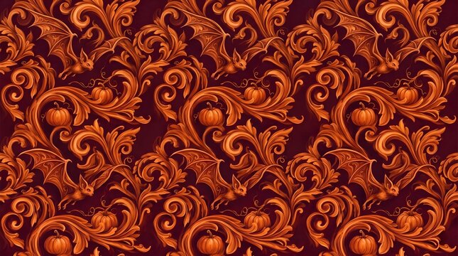 Halloween seamless pattern with flying bats and pumpkins