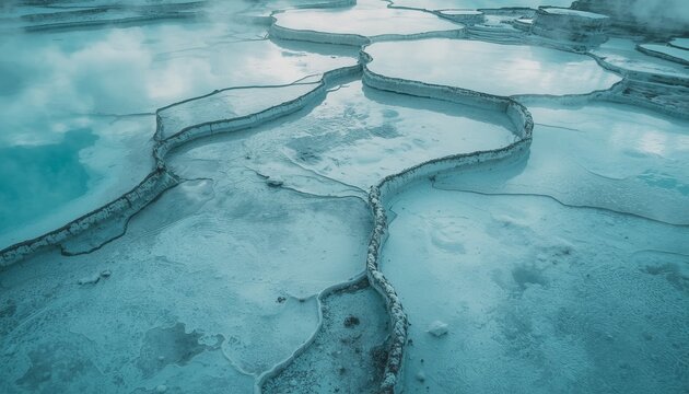 Turquoise hot spring terraces aerial geothermal wonder background