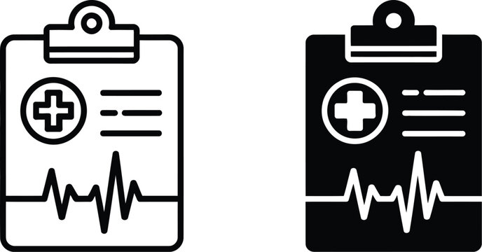 Medical Report Clipboard Icons, two vector designs with heartbeat pulse lines for health records, patient charts, vital signs, and healthcare