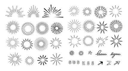Obraz premium Hand drawn doodle sunburst, starburst, sparkle, explosion, and comic elements set, sketch style, decorative symbols, vector illustration