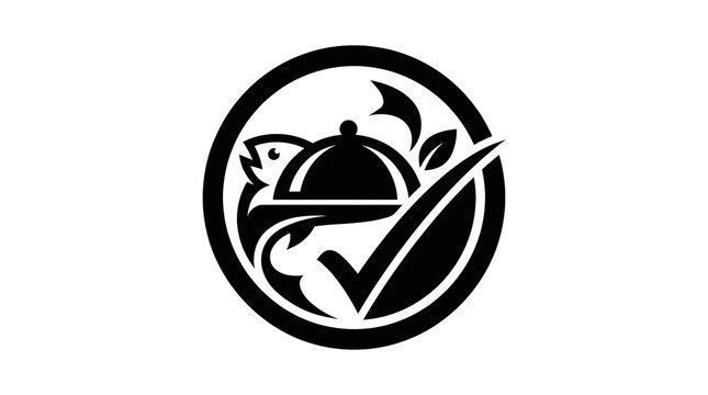 Halal certified seafood icon with fish and serving cloche on transparent