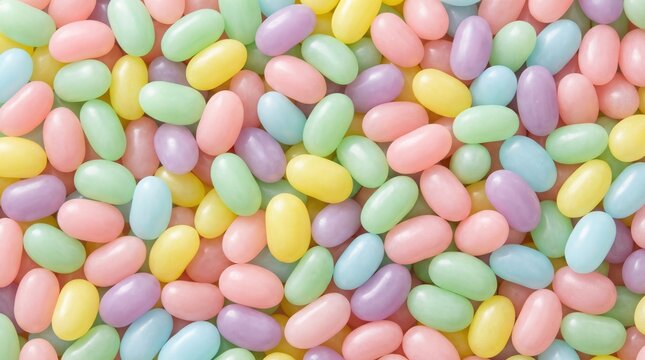 A vibrant assortment of pastelcolored jelly beans filling the frame, creating a soft, textured pattern of sweet treats