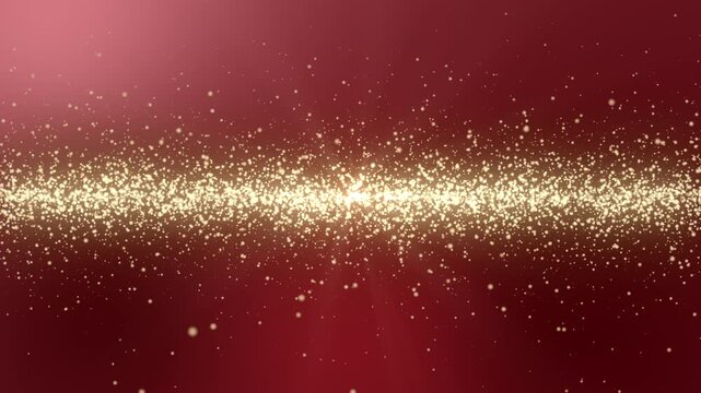 レッド背景の中央を横切る輝くゴールドの光粒子とグリッターの帯のシームレスループ動画素材 / Sparkling gold light particles and glitter stream seamless loop background on red gradient