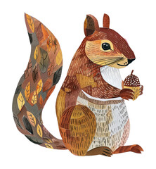 Obraz premium PNG Whimsical squirrel holding acorn with leaf-patterned tail.