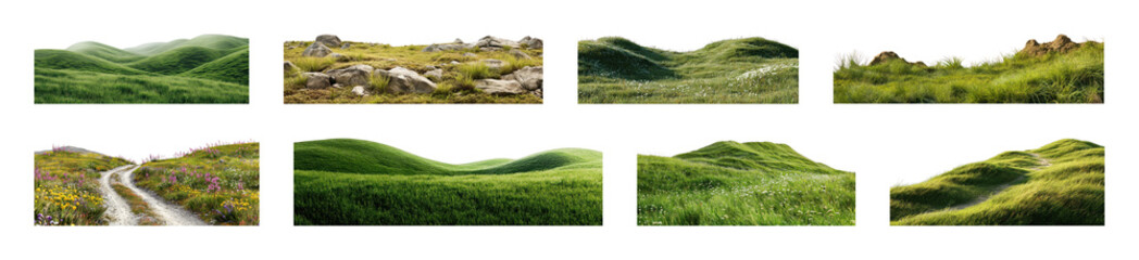 Obraz premium PNG Green rolling hills and scenic countryside landscape, transparent background