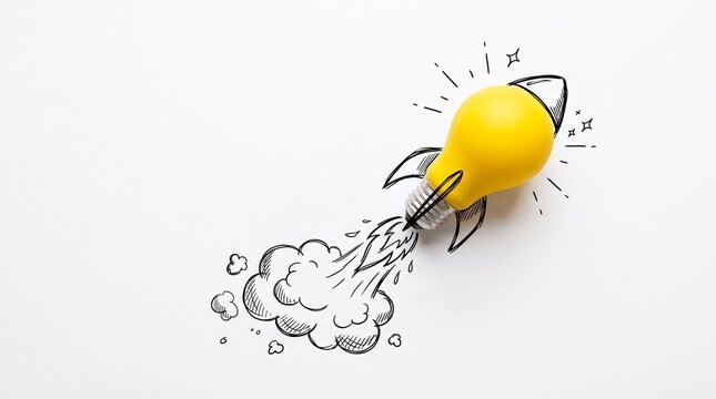 Creative lightbulb rocket launching upward with hand drawn motion trails symbolizing innovative ideas and inspiration