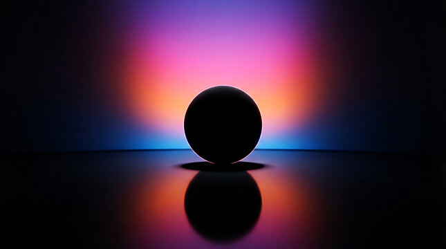 Black sphere on a reflective surface with a vibrant gradient neon light background