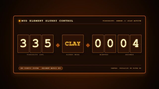 Deterministic 4K mechanical split-flap display featuring a dense mud and slurry elemental theme. Displays viscosity index, density levels, and silt sedimentation counters with earthy amber-brown glowi