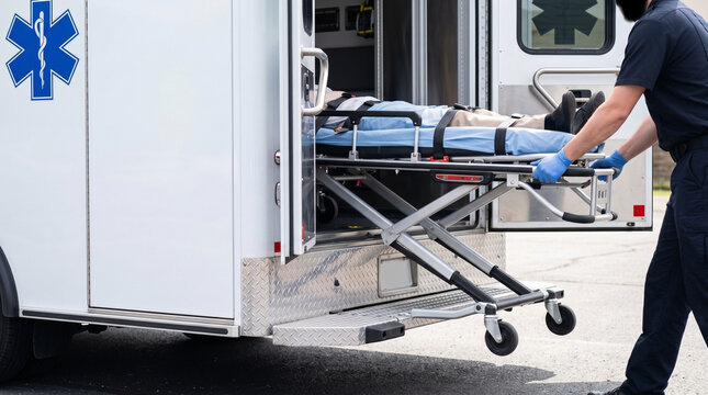 Paramedic loading a patient on a stretcher into the white ambulance