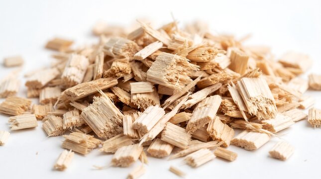 Shredded wood chips pile isolated on clean white background for natural material design