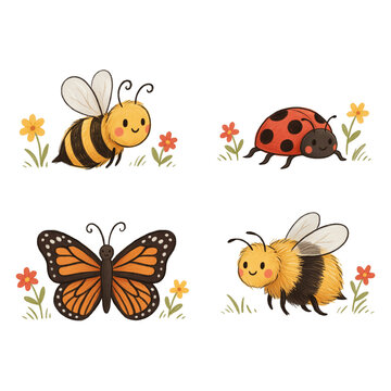Colorful cartoon insects and butterfly illustrations with flowers isolated transparent background