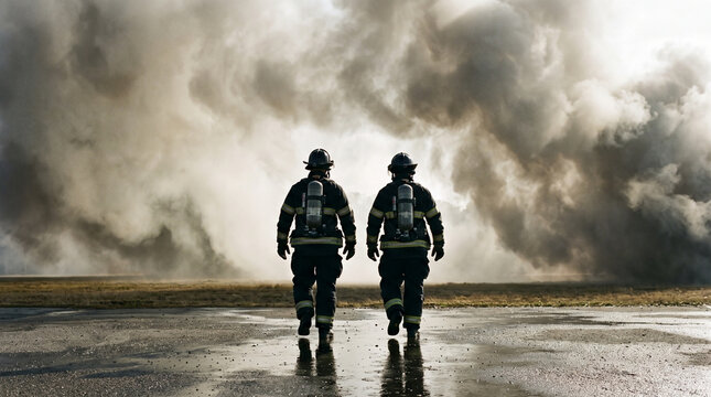 Two firefighters walk bravely toward massive thick smoke in open field