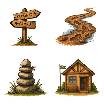 Illustrated camping trail signs and ranger station set isolated transparent background