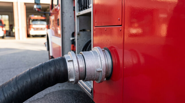 Close up of black water hose connected to red fire truck