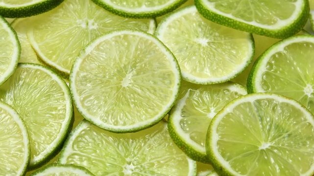 Overhead lime slices rotate in a horizontal frame, showing fresh citrus texture and layered detail.