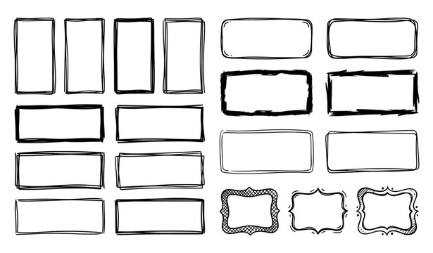 Hand drawn doodle frame set, sketch rectangle borders, scribble boxes, brush stroke frames, ornate label frames, black outline vector illustration on white background