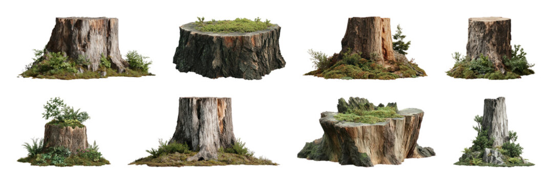 PNG Collection of isolated tree stump and mossy roots, transparent background