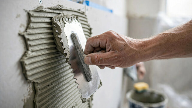 Tile setter applying mortar adhesive to bathroom wall using notched metal trowel