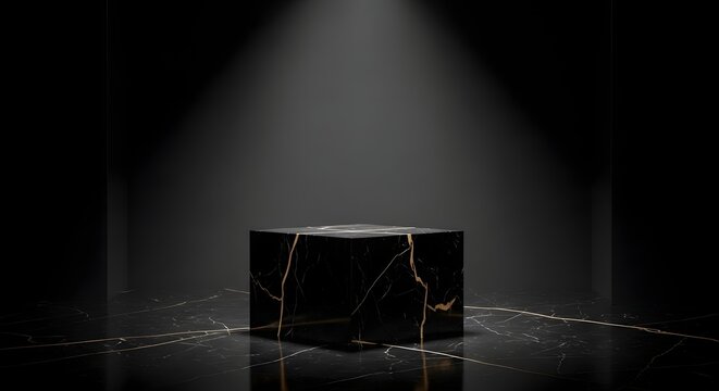 Black marble cube podium on dark stone floor with golden veins and spotlight illumination