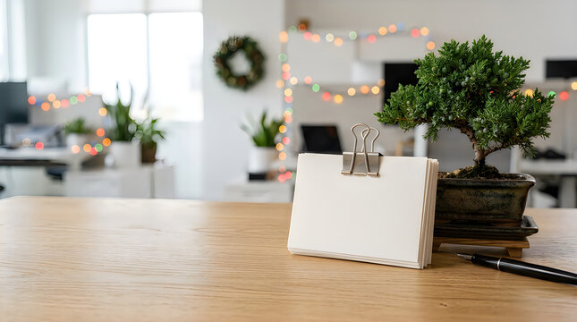 Blank memo paper with and small bonsai tree on wooden desk in bright office interior