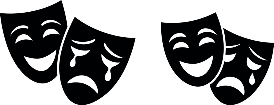 Black and white comedy and tragedy theater masks pair icon