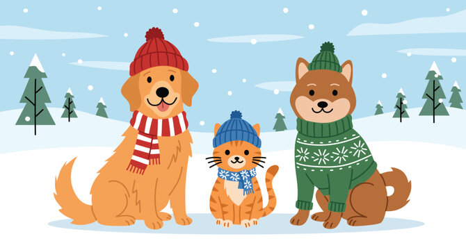 Cute Winter Animals Dog and Cat in Sweater Flat Vector