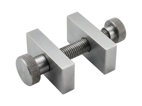 Metal clamp with threaded rod and knurled knobs, isolated on transparent background