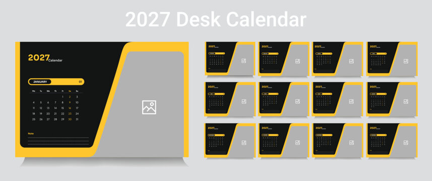 Customizable desk calendar 2027 template, corporate desk calendar schedule 2027 monthly 12-page planner layout, editable vector eps 10 file format
