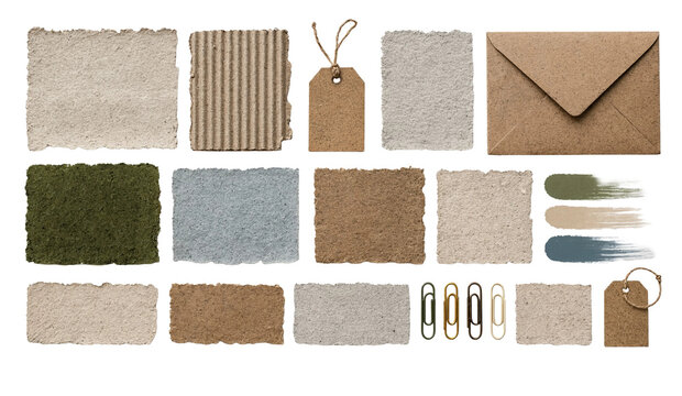 Assorted textured stationery paper scraps and kraft envelopes with paper clips handmade paper torn paper