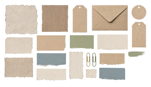 Set of diverse textured paper scraps and kraft envelopes with clips handmade paper torn edges gift tags