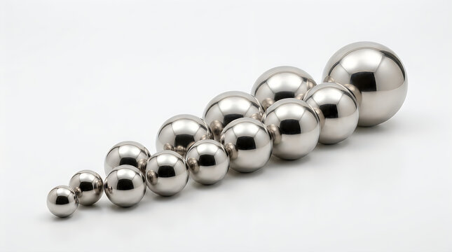 Descending row of polished steel ball bearings arranged on a white background with steel balls