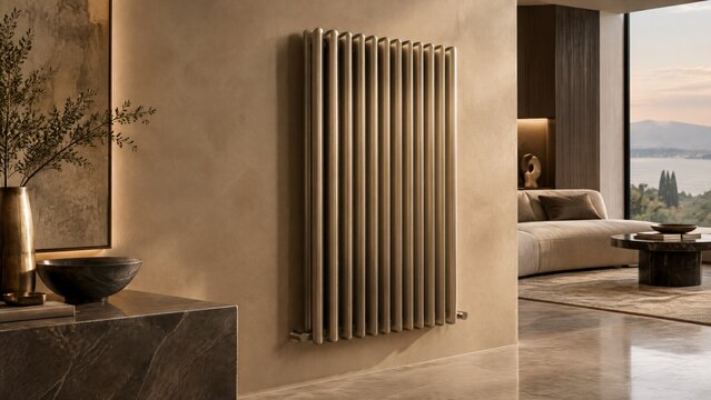 Modern vertical designer radiator mounted on a textured interior wall