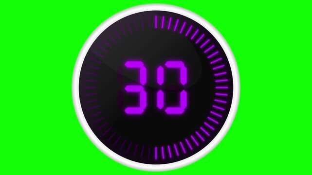 Digital second countdown clock with glowing purple LED numbers and dial against a grenn screen background
