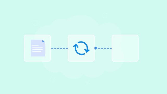 Flat vector animation showing a document synchronized with a folder through circular arrows for file syncing, data management, and cloud storage concepts.