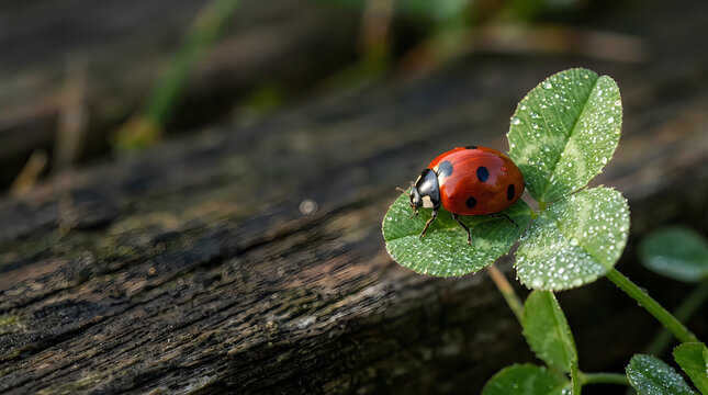 Ladybug crawling on a wet green clover leaf with water droplets in nature insect life macro photog