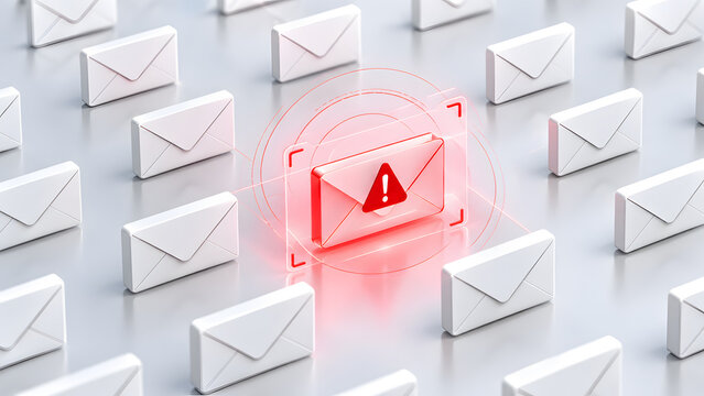 A glowing red email envelope with a warning sign detected in a grid of white envelopes representing cybersecurity threat and spam filter