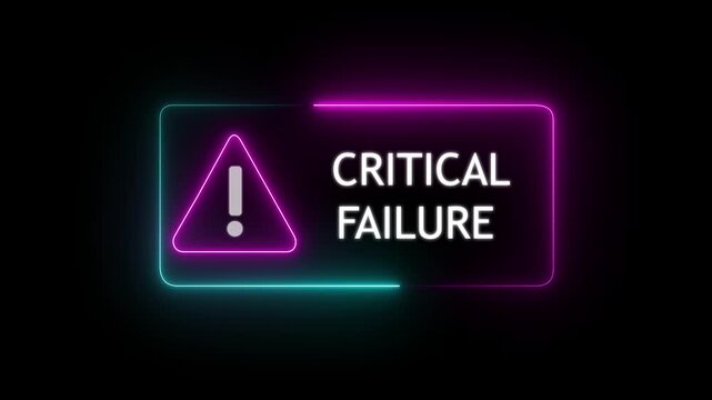 Glowing Neon Critical System Failure Alert Interface with Blue Error Symbol, Cybersecurity Warning, Network Error Sign and Futuristic Technology Motion Graphics on Black Background..