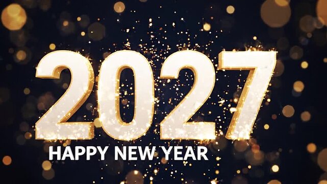 2027 happy new year gold text animation with sparkling fireworks and bokeh background
