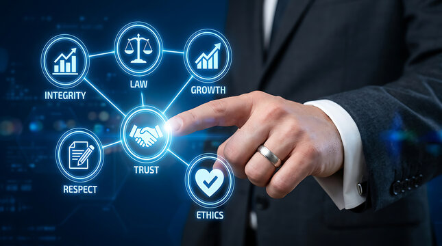 Businessman touching glowing blue digital interface with business ethics