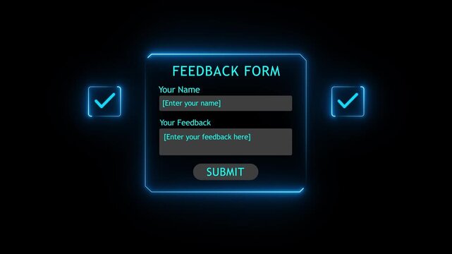 Futuristic Neon Feedback Form Interface with Digital Customer Review, User Satisfaction Rating, Online Survey and Submit Button, Glowing Blue Technology UI Motion Graphics on Black Background