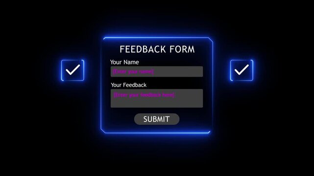 Futuristic Neon Feedback Form Interface with Digital Customer Review, User Satisfaction Rating, Online Survey and Submit Button, Glowing Blue Technology UI Motion Graphics on Black Background