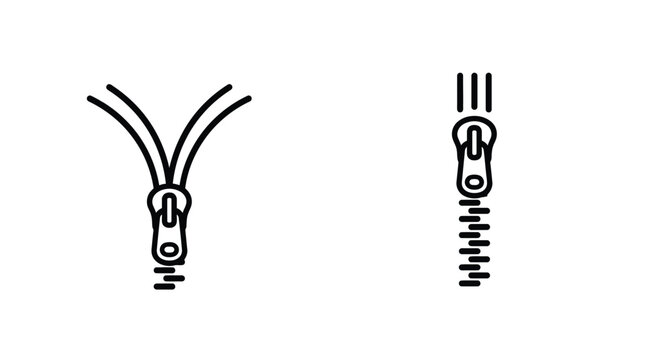 Minimalist zipper line art vector icon illustration showing open and closed fastener states for graphic design projects