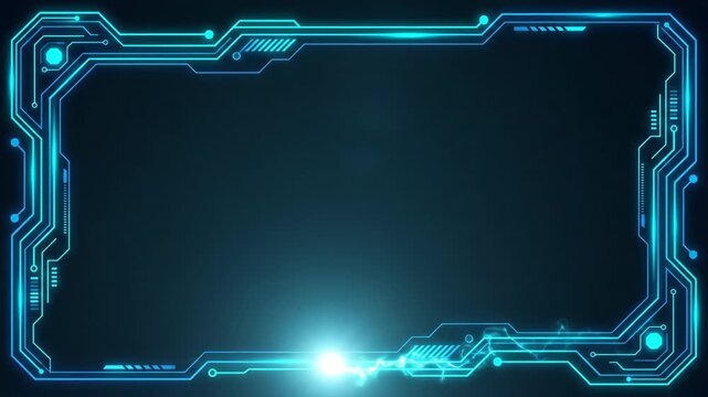 HUD, neon, interface glowing brightly around digital display border, illuminating high tech cyberspace backdrop with electric blue circuit board lines glowing softly in dark digital background.