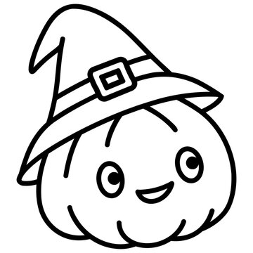 Halloween Pumpkin Wearing Witch Hat Icon for Kids Coloring Book