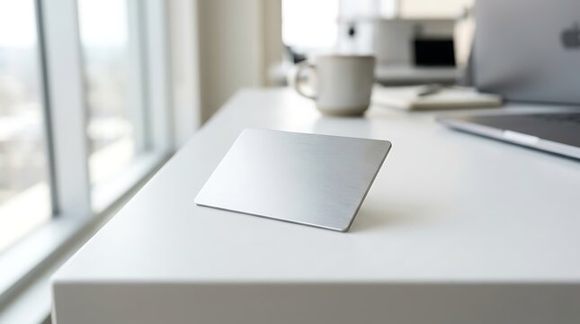 Blank silver credit card or id badge standing on a white office desk with minimalist office