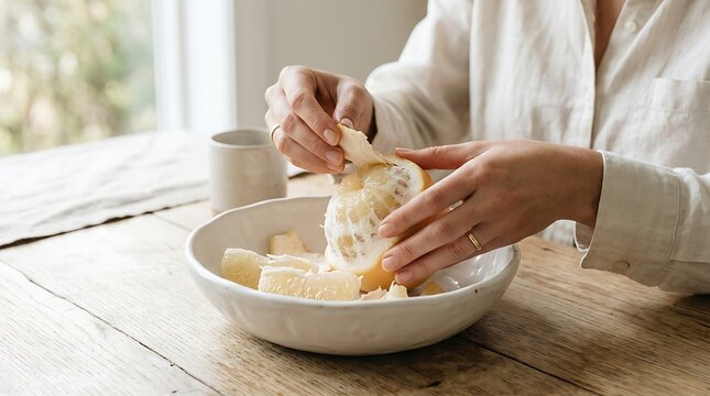 Woman peeling fresh pomelo fruit into bowl at wooden table with citrus fruit